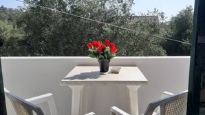 Ein Balkon mit Tisch und Stühlen, ein Topf mit roten Blüten und Blick auf dichtes Grün.