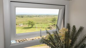 A window with a view of a green landscape and a stone wall.