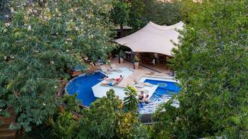 Outdoor pool, pool umbrellas, sun loungers
