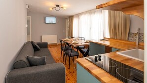 Ein kompakter Wohnbereich mit Sofa, Esstisch, Stühlen, einer Küchenzeile mit Spüle und Herd sowie einem an der Wand befestigten Fernseher.
