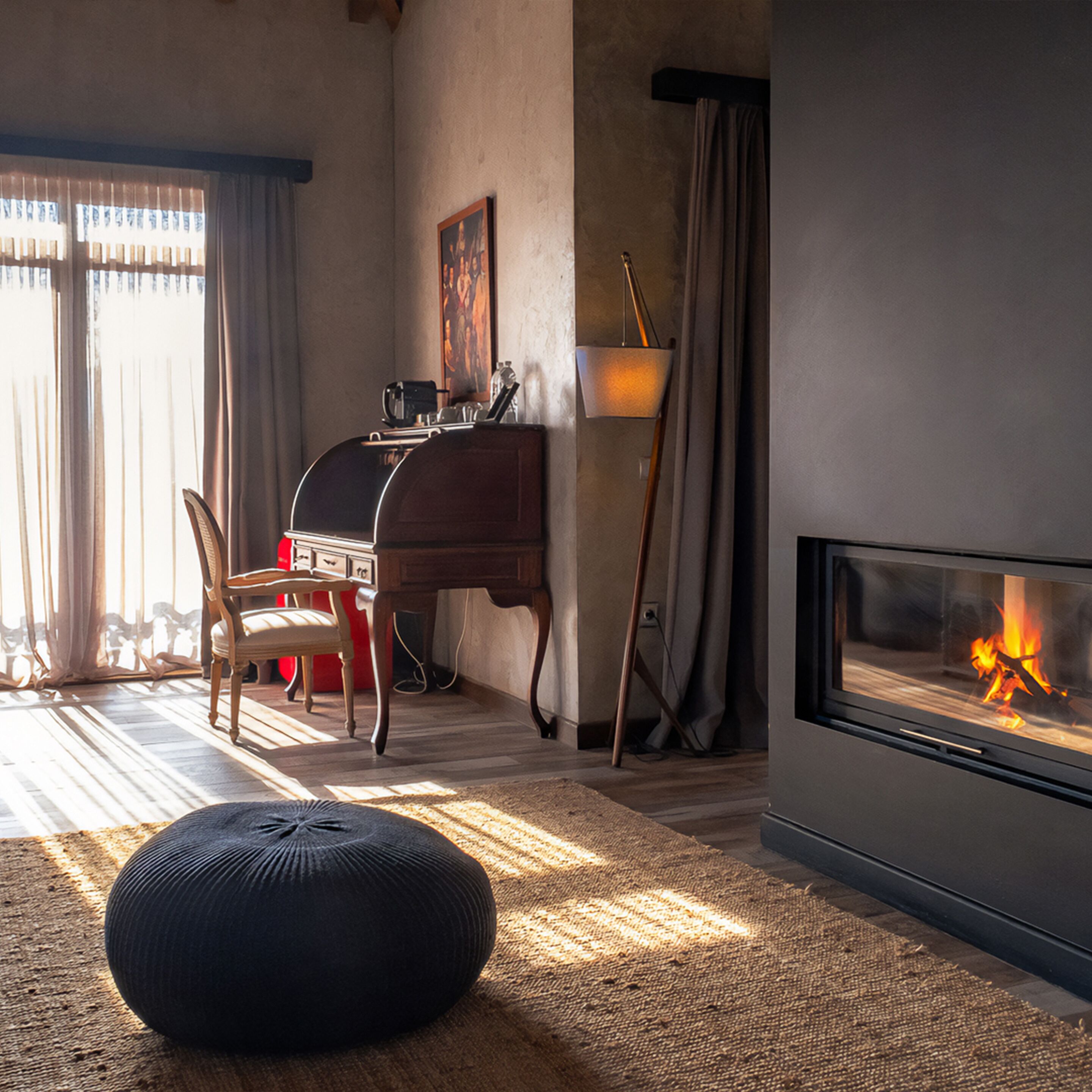 A cozy living room with a fireplace, a wooden desk, and a comfortable chair.