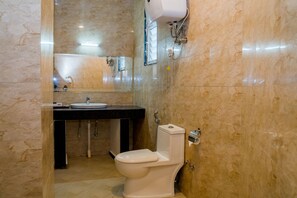 Shower, hydromassage showerhead, designer toiletries, slippers