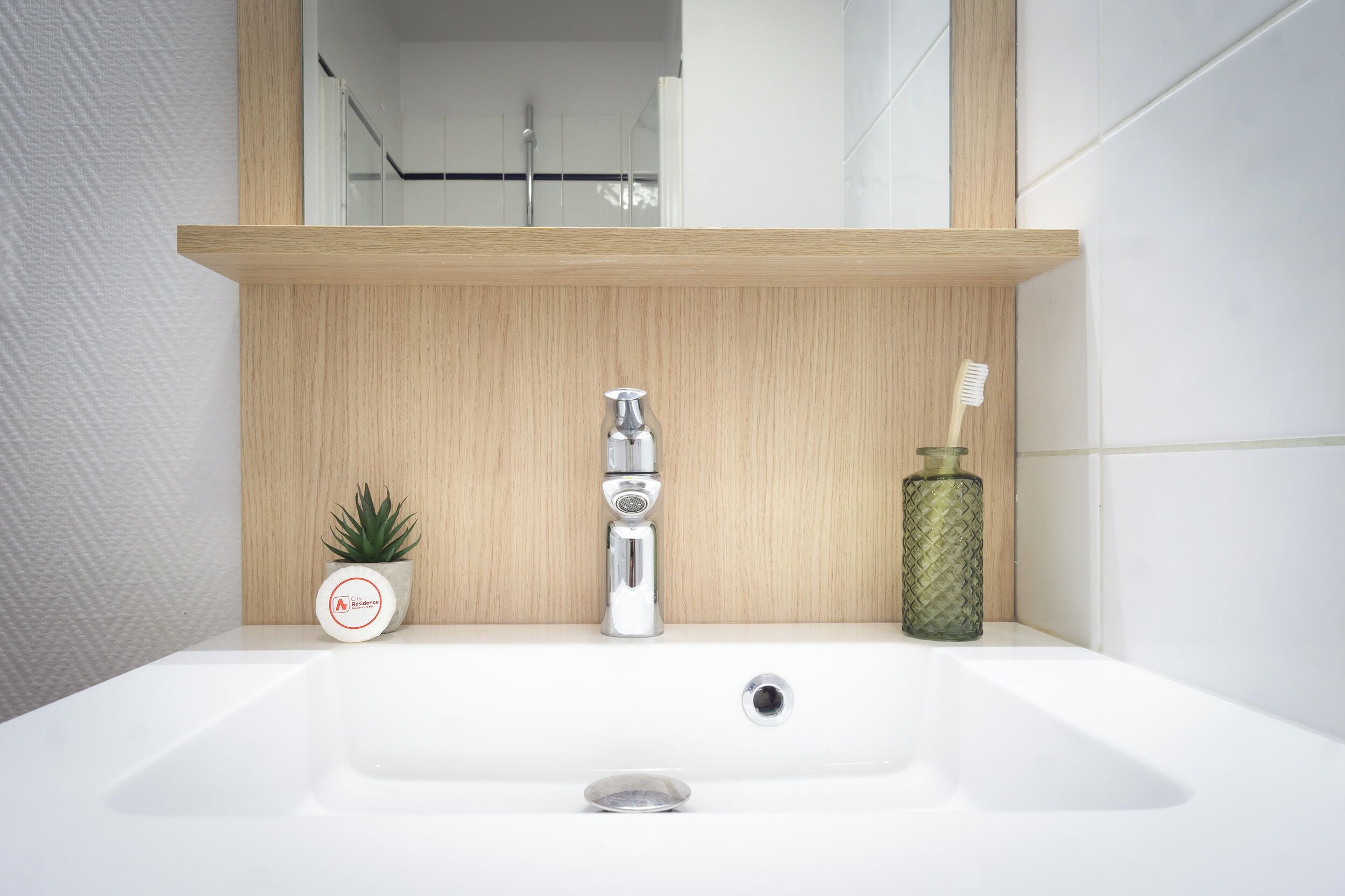 A bathroom with a white sink, a wooden shelf, a small potted plant, a toothbrush holder, and a mirror above the sink.