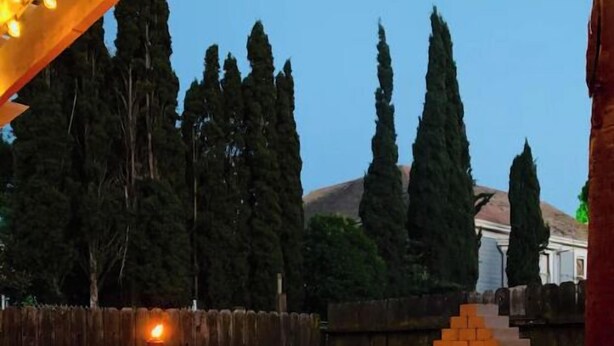 A brick fire pit in a backyard with a wooden fence and trees in the background. - Home Getaway w/ Unique 🔥Fire Pit. Near Napa & SF (Vallejo)