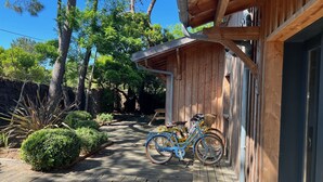 Un bâtiment en bois doté d’un porche, de vélos et d’un sentier bordé d’arbres.