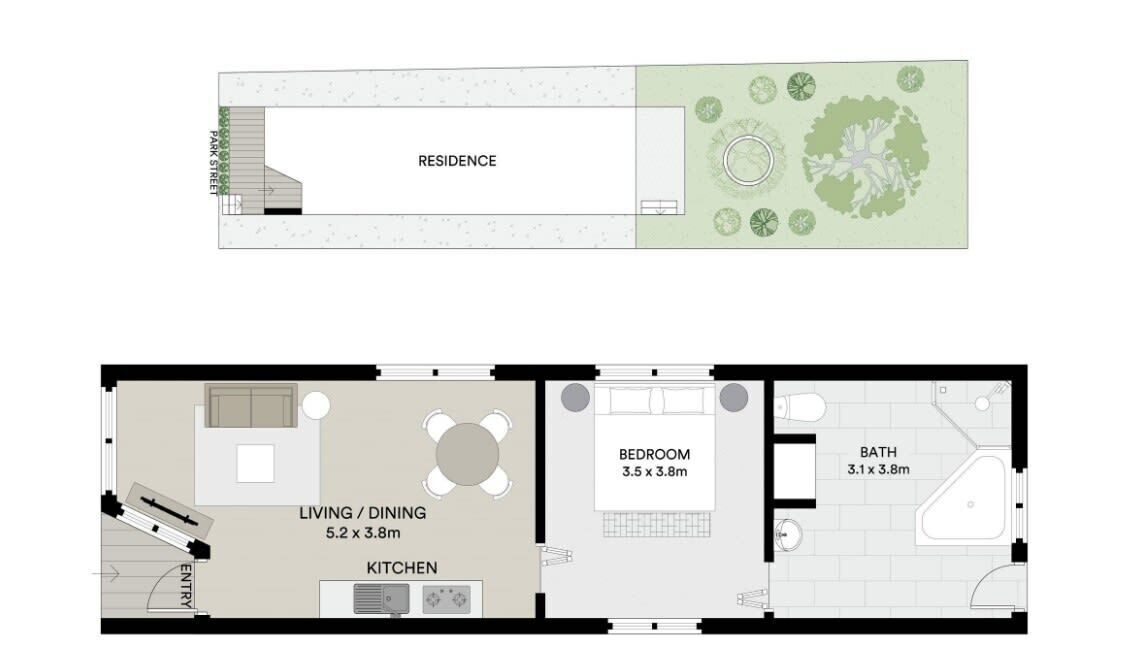 Plano de planta de una residencia con sala de estar/comedor, cocina, dormitorio y baño.