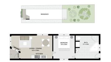 Plano de planta de una residencia con sala de estar/comedor, cocina, dormitorio y baño.
