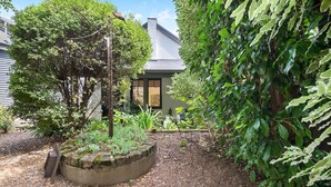 Un jardin avec une variété de plantes et un bac à fleurs en béton.