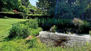 Un jardin avec un chemin de gravier, une végétation luxuriante et un petit étang.
