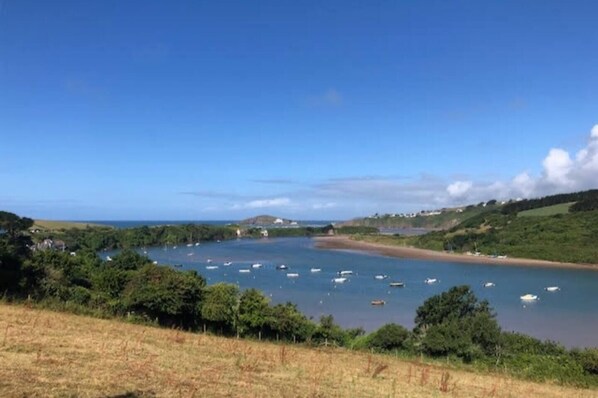 A coastal landscape with a bay, boats, and greenery. - Longtails, beautiful lodge retreat Bantham S.Devon (Bantham)
