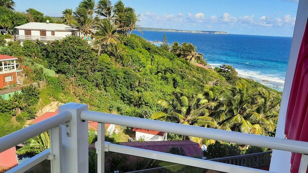 Ein Balkon mit Blick auf das Meer und Grünflächen.
