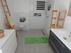 Shower, hair dryer, towels, toilet paper