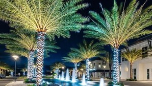 A nighttime scene with illuminated palm trees and a water feature in a landscaped area. - Guest Favorite Beach Home*Golf Cart*Arcade*Bikes! (Inlet Beach)