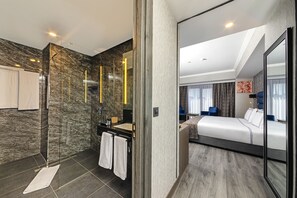 Shower, rainfall showerhead, eco-friendly toiletries, hair dryer