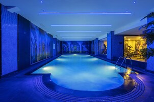 Indoor pool, open 9:00 AM to 10:00 PM, sun loungers