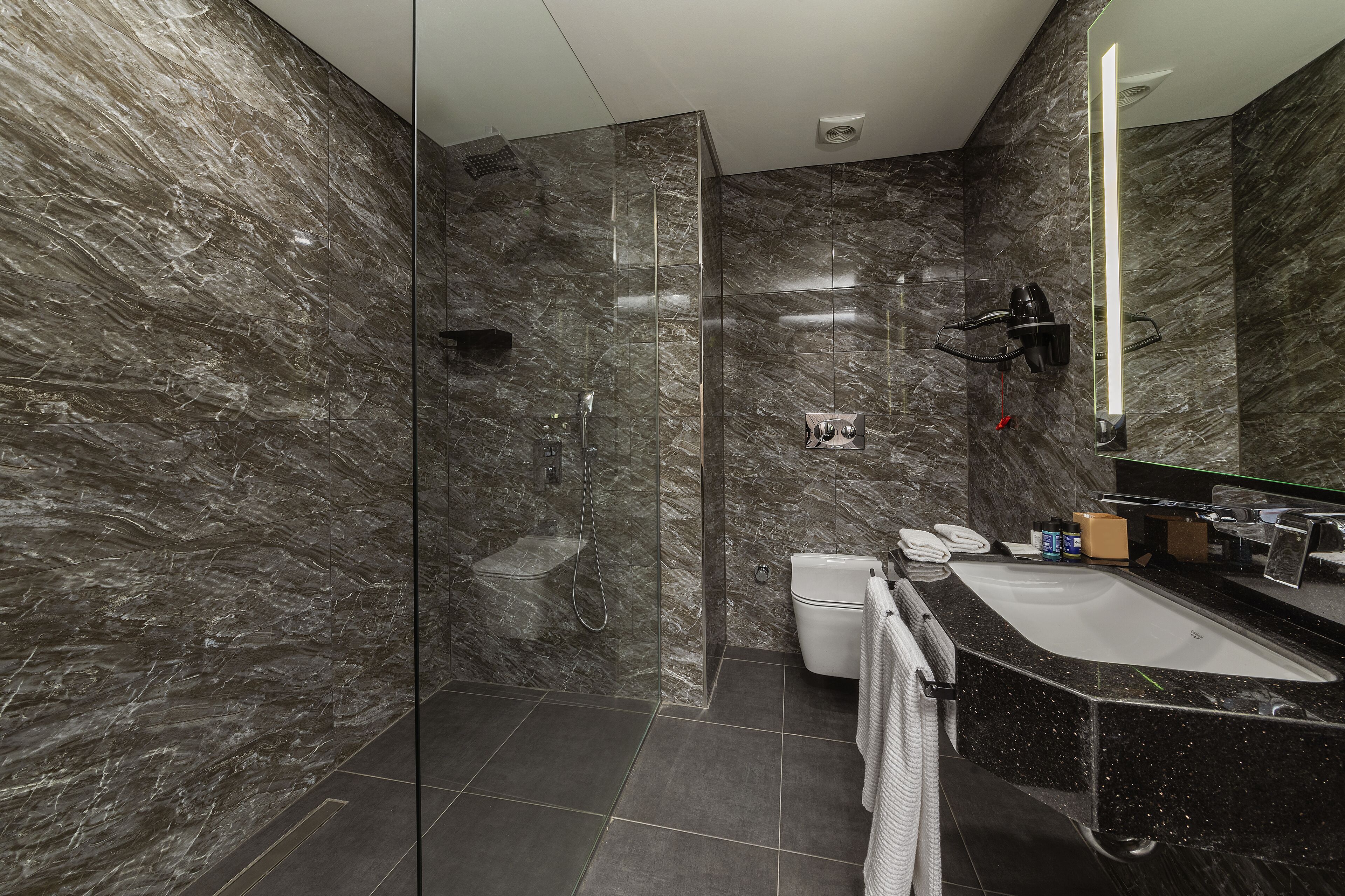 Ein modernes Badezimmer mit einer Duschkabine aus Glas, einer weißen Toilette und einem schwarzen Waschbecken mit Spiegel.