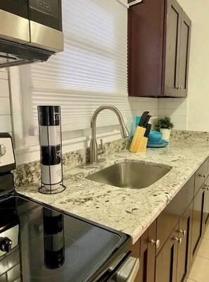 Fridge, microwave, dining tables