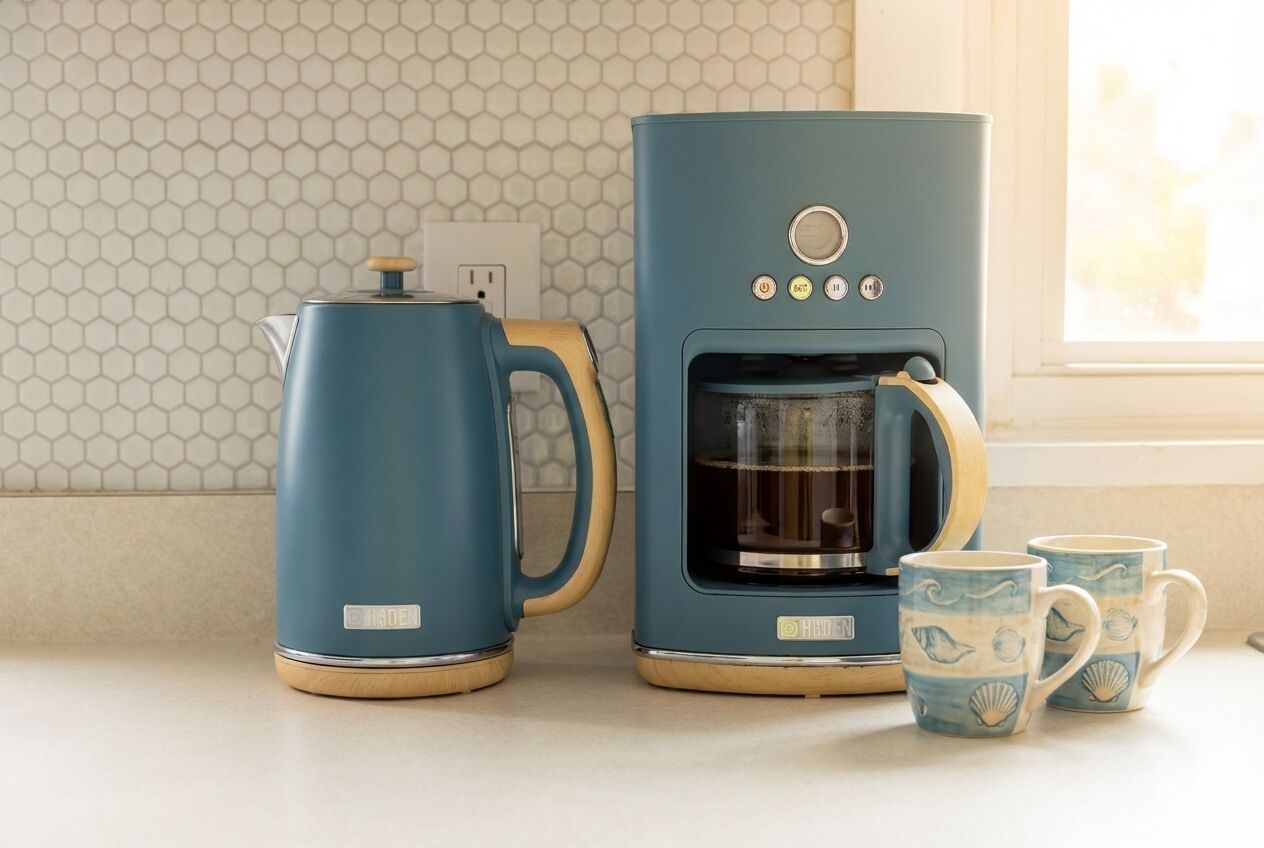 A kitchen with a coffee maker and two matching mugs on the counter.