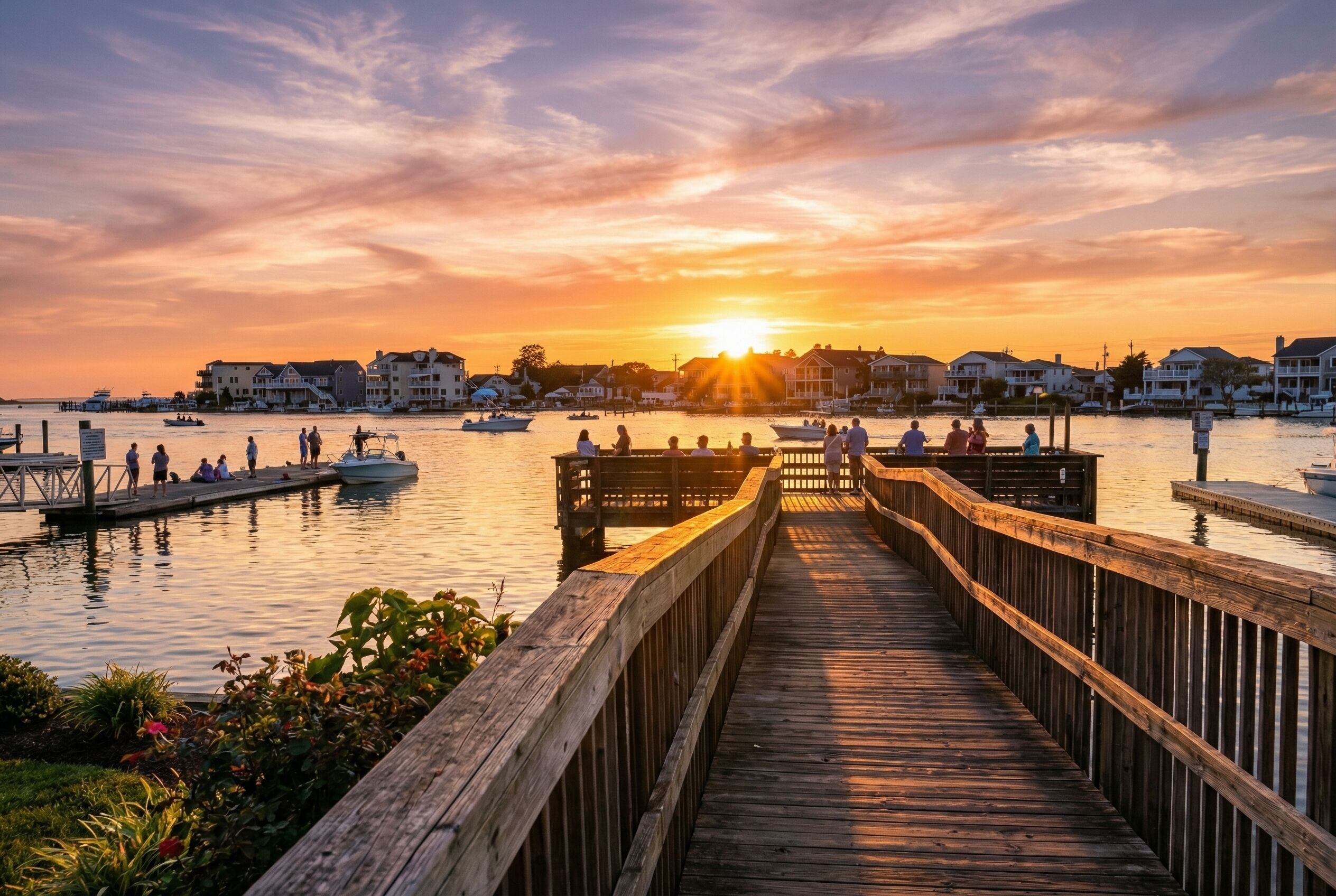 A wooden pier leading to a dock with boats and houses in the background.