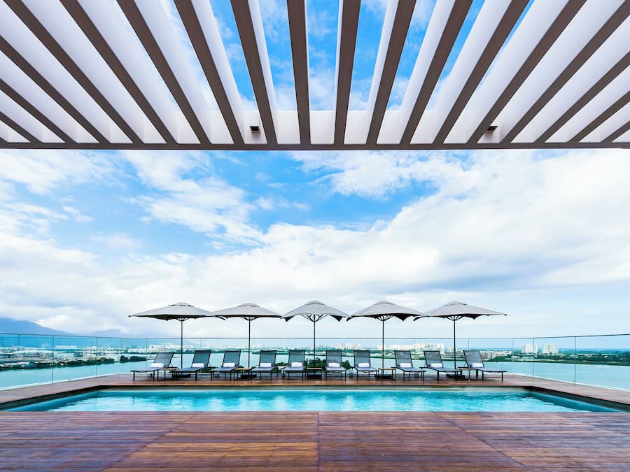 Outdoor pool, open 9:00 AM to 7:00 PM, pool umbrellas, sun loungers