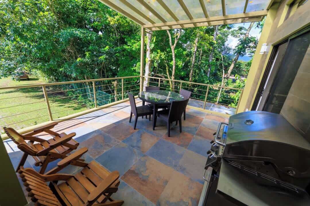 Een overdekt buitengebied met een tafel, stoelen, een barbecue en uitzicht op de omliggende groene omgeving.