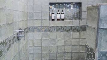 Chuveiro, secador de cabelo, toalhas de banho, sabonete