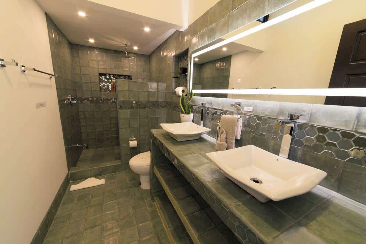 Une salle de bain avec une douche, deux lavabos, des toilettes et un miroir.