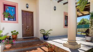 A house entrance with a wooden door, potted plants, and a tiled porch.