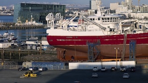 Een groot vrachtschip aangemeerd in een haven, met een stadsachtergrond.