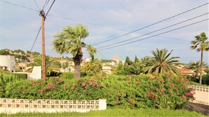 Zona residenziale con palme, un recinto e vista su case sullo sfondo.