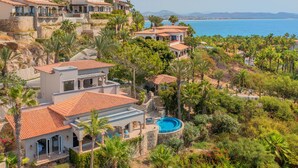 Une propriété située sur la côte, comprenant plusieurs villas, une piscine et une végétation luxuriante.