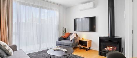 Televisio, takka, stereot, työhuone