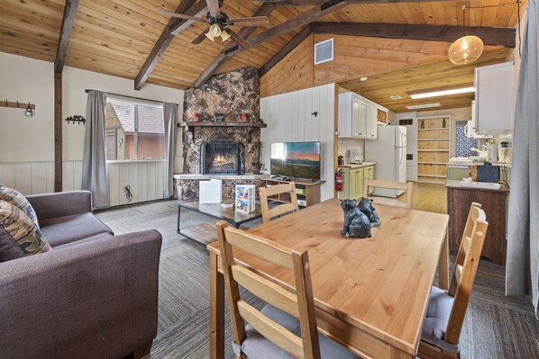 TV, fireplace, video-game console