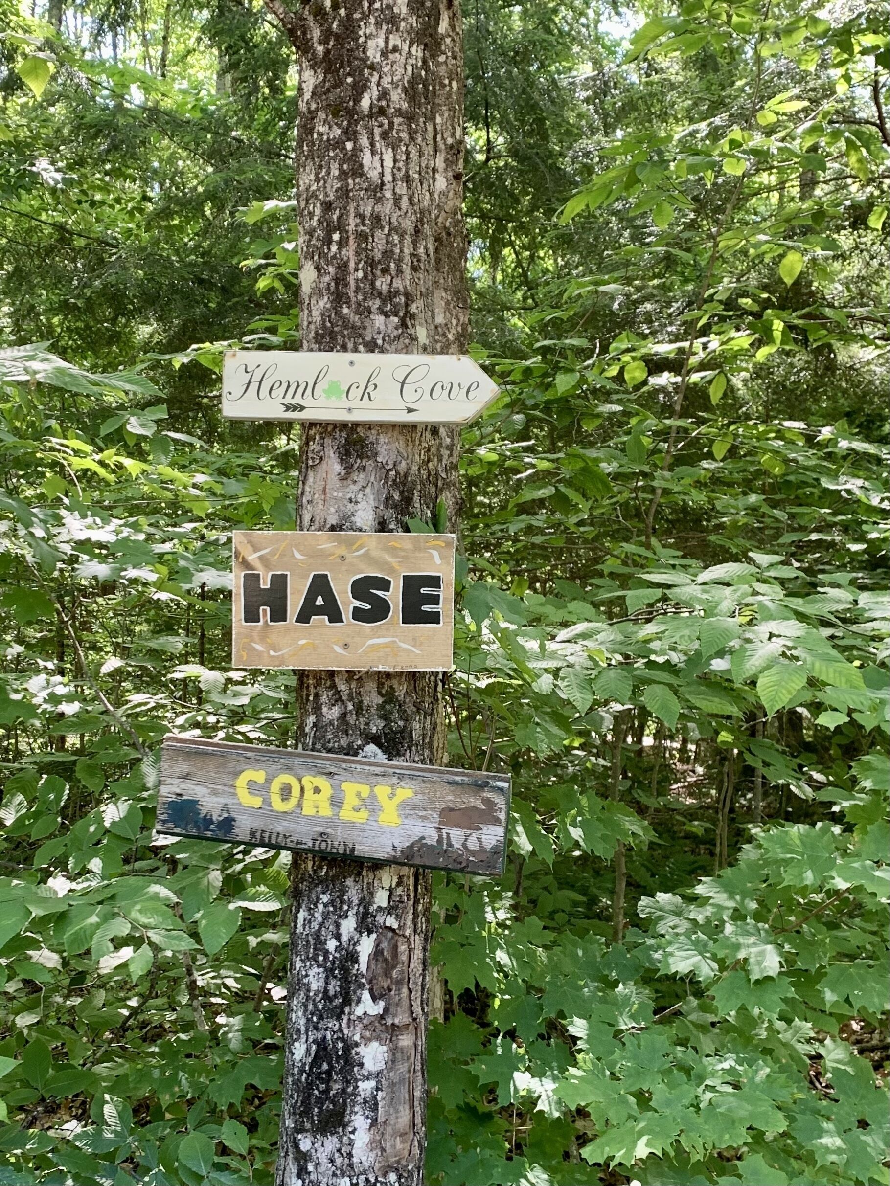 A wooden signpost with directional signs for Hemlock Cove, Hase, and Cory.