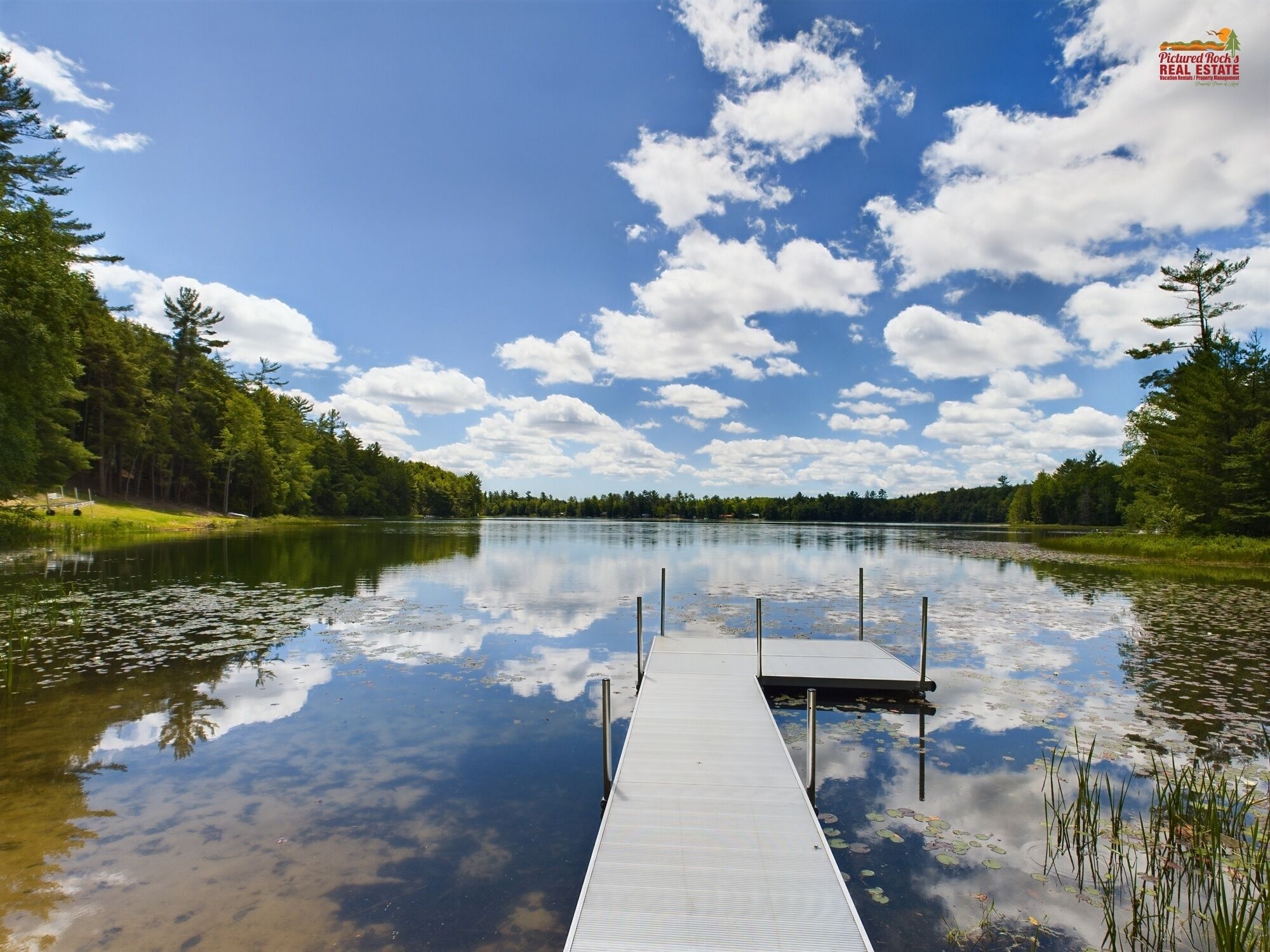 A calm lake with a wooden dock extending into the water, surrounded by dense forest.