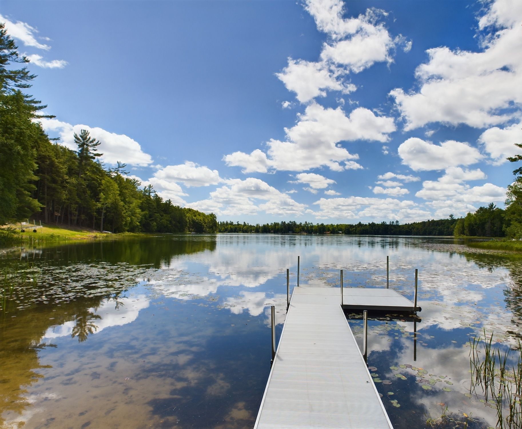 Un lac paisible, avec une jetée en bois qui s’avance sur l’eau, entouré d’une forêt dense.