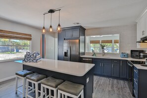 Fridge, microwave, oven, stovetop - Renovated home w/fenced yard, brand-new pool, spa, foosball - steps to beach (Holmes Beach)