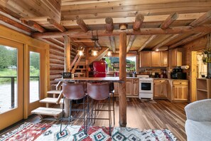 Fridge, microwave, oven, stovetop - Small Timbers-riverfront log home, stunning view (Gold Bar)