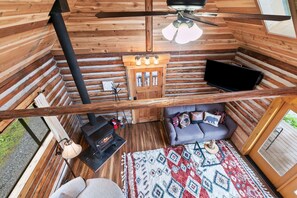 TV, fireplace - Small Timbers-riverfront log home, stunning view (Gold Bar)