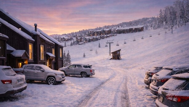 Un centro de esquí cubierto de nieve con edificios de madera, un telesilla y coches aparcados.