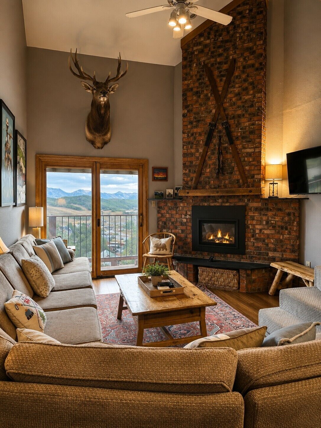 A cozy living room with a fireplace, a mounted deer head, and a large window overlooking a scenic landscape.