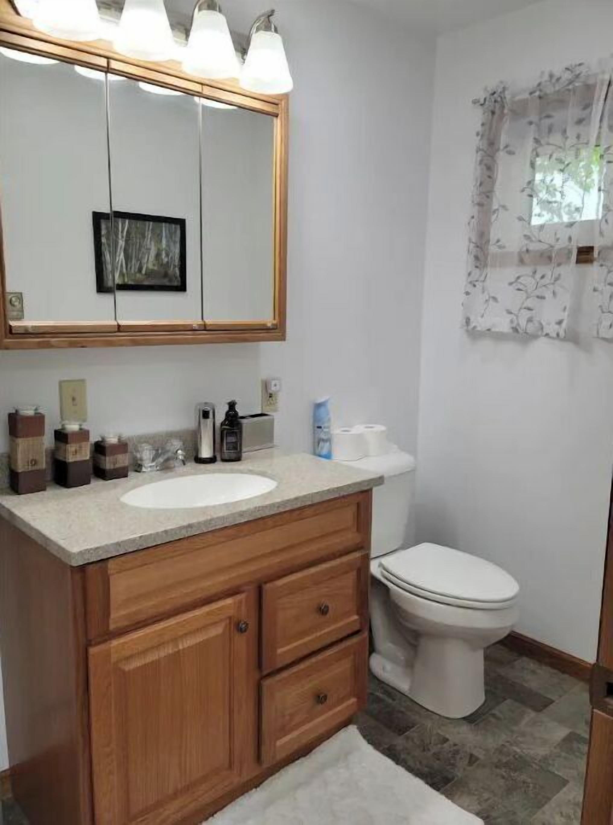 Une salle de bain avec un meuble-lavabo en bois, un évier, un miroir et des toilettes.