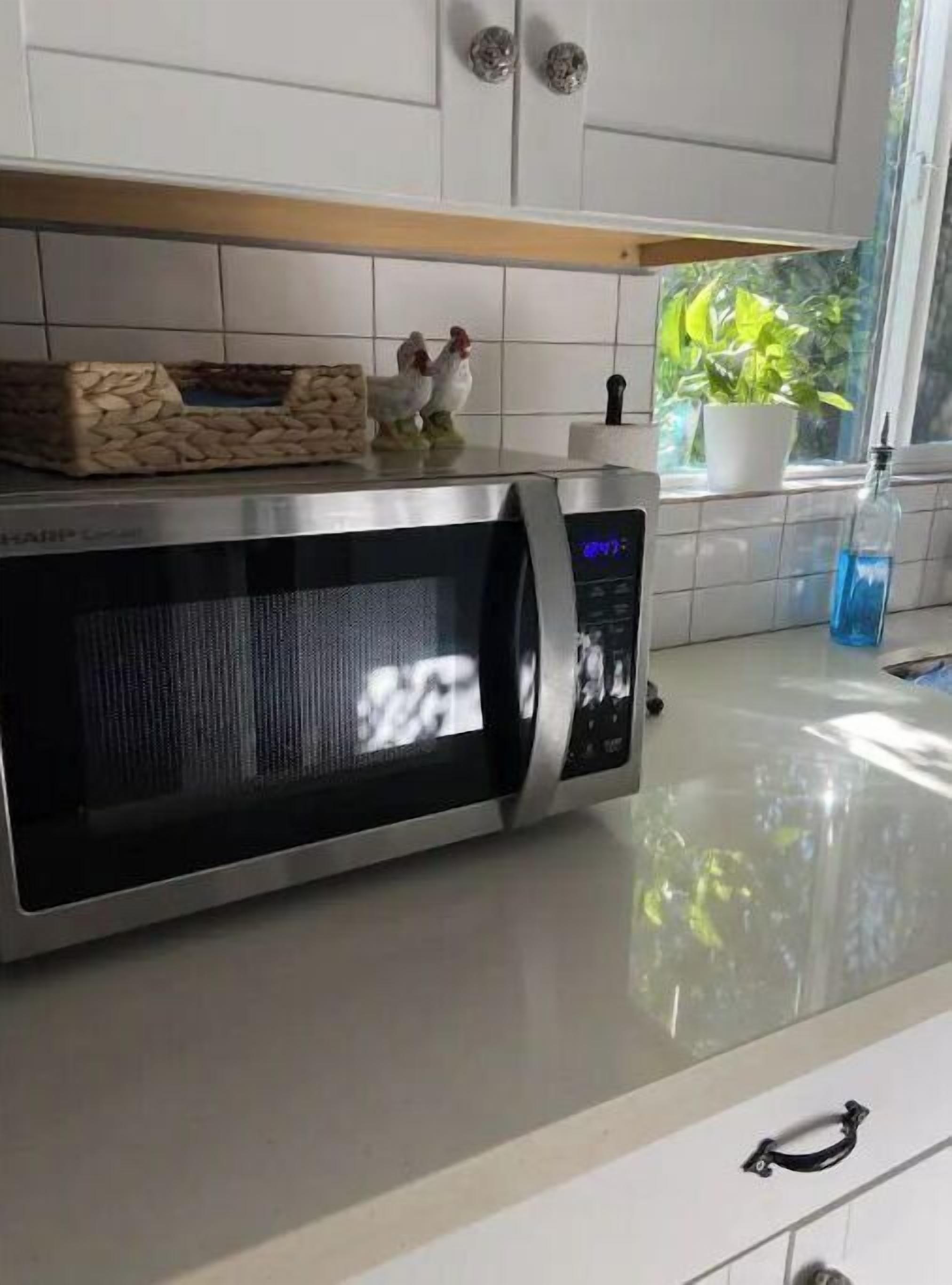 A kitchen with a stainless steel microwave, a wooden shelf, a potted plant, and a window with a view of greenery.