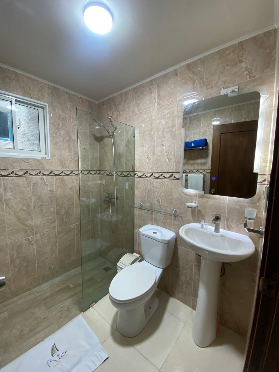 Une salle de bain avec une douche à parois de verre, des toilettes et un lavabo sur colonne.