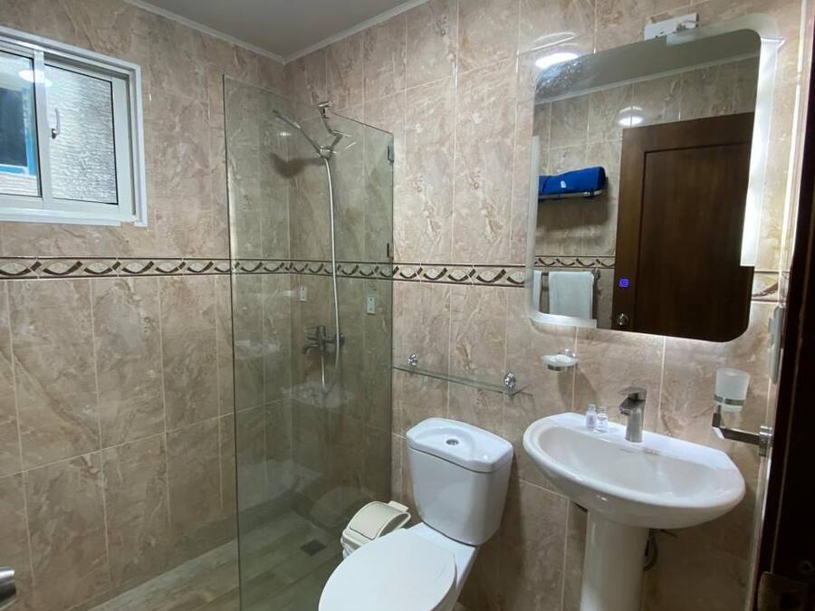A bathroom with a glass shower enclosure, a toilet, and a pedestal sink.