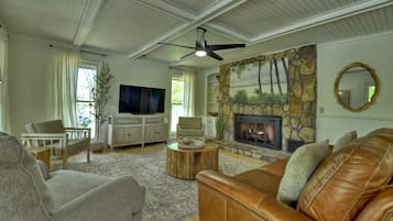 Smart TV, fireplace, books