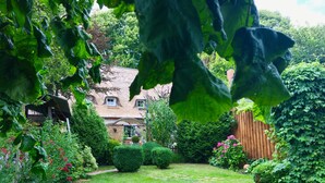 Un jardín bien cuidado con césped, arbustos variados y plantas con flores.