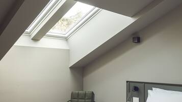 A bedroom with a skylight, a bed, a chair, and a bedside table.