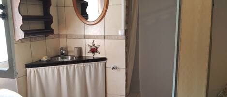 Ein Badezimmer mit Waschbecken, Spiegel und Duschbereich.