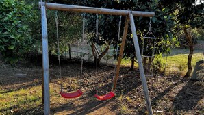 A wooden swing set in a garden with grass and trees. - Small vacation villa, beach and barbecue :-) (Bastelicaccia)